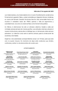 Texto, lista de de Gobernadores que apoyan al Senador Gerardo Fernandez Noroña