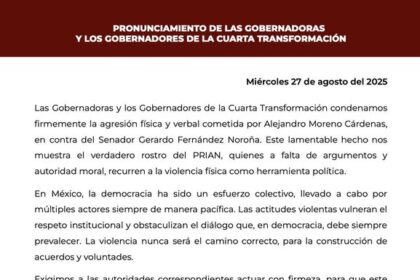 Texto, lista de de Gobernadores que apoyan al Senador Gerardo Fernandez Noroña