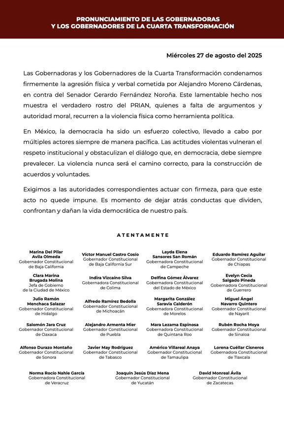 Texto, lista de de Gobernadores que apoyan al Senador Gerardo Fernandez Noroña