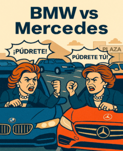 Dos damitas, glamurosamente arregladas, empataron cojonudamente sus vehículos al querer ocupar el mismo espacio marcado por las líneas blancas de rigor en el piso. Al volante de un BMW, una, y de un Mercedes Benz la otra. Flamantes, ambos autos de reciente modelo comenzaron a emitir el sonido de sus bocinas.