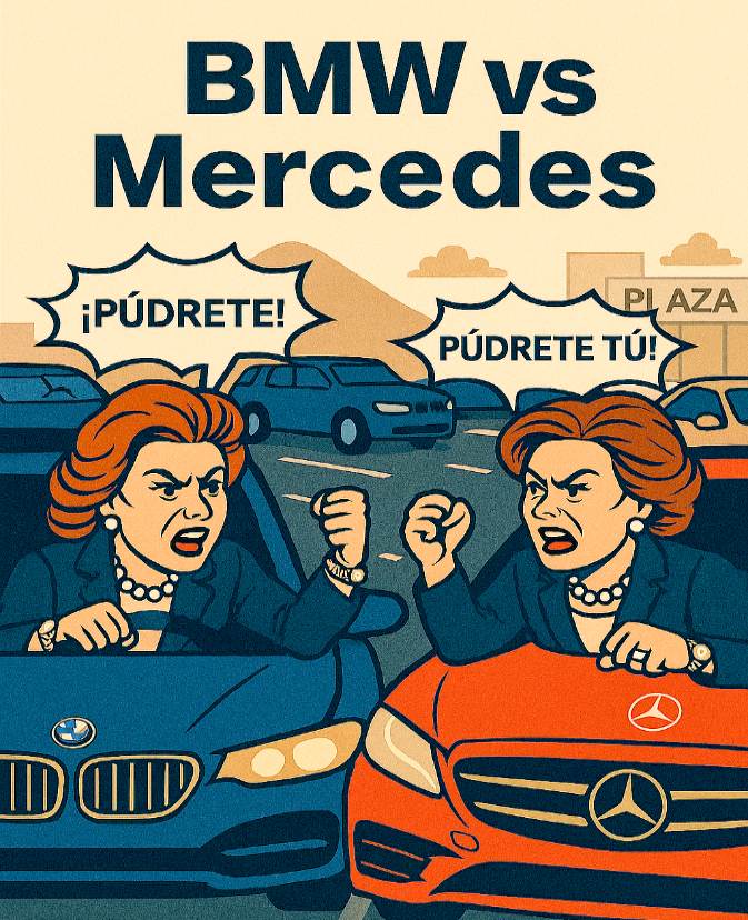 Dos damitas, glamurosamente arregladas, empataron cojonudamente sus vehículos al querer ocupar el mismo espacio marcado por las líneas blancas de rigor en el piso. Al volante de un BMW, una, y de un Mercedes Benz la otra. Flamantes, ambos autos de reciente modelo comenzaron a emitir el sonido de sus bocinas.