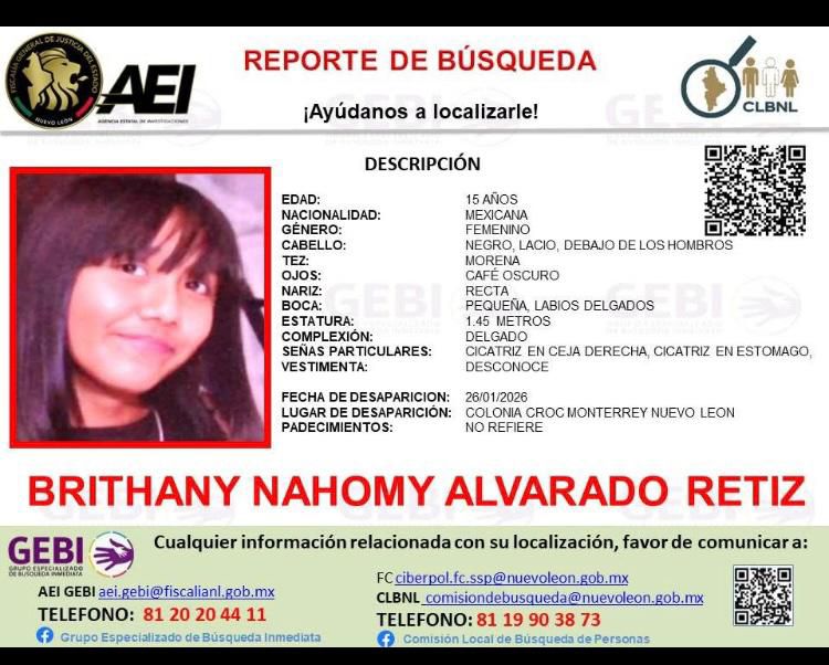 La Fiscalía de Nuevo León investiga el feminicidio de la menor Brithany Nahomy; un adolescente de 16 años fue detenido como presunto responsable del crimen.