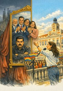 Mientras miles de venezolanos gritaban "libertad" en la Puerta del Sol, en Madrid, el presidente Pedro Sánchez escenificaba en Barcelona un acto de propaganda personal enfundado en retórica democrática.